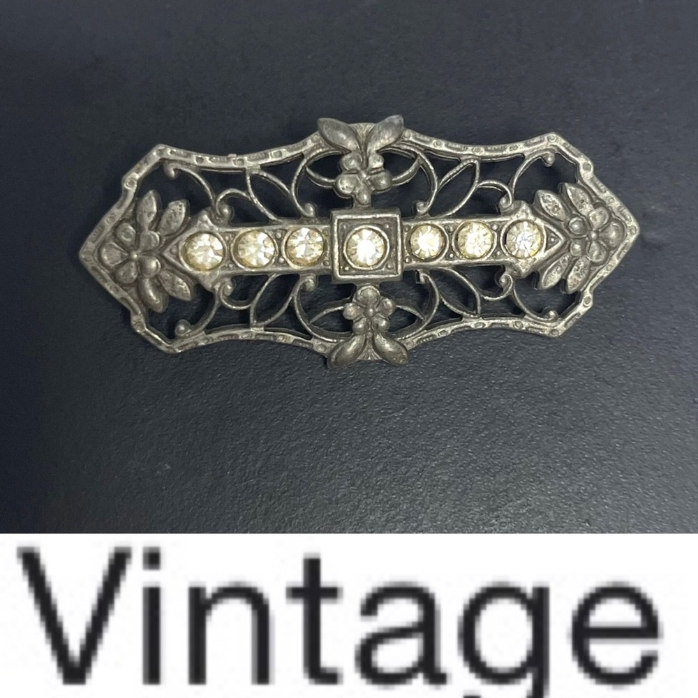 1920’s Art Nouveau Brooch 7 Rhinestones silver tone intricate brooch